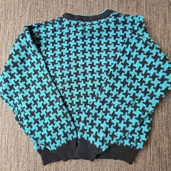 Vintage 90's 80's Houndstooth Checkered Sweater Size Large Black Teal Retro - Picture 7 of 7
